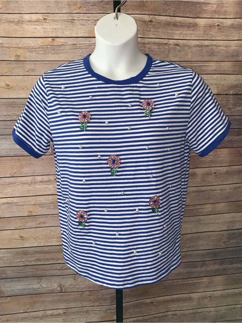 Blue & White Striped Floral Embellished Crew Neck Tee - Size XL